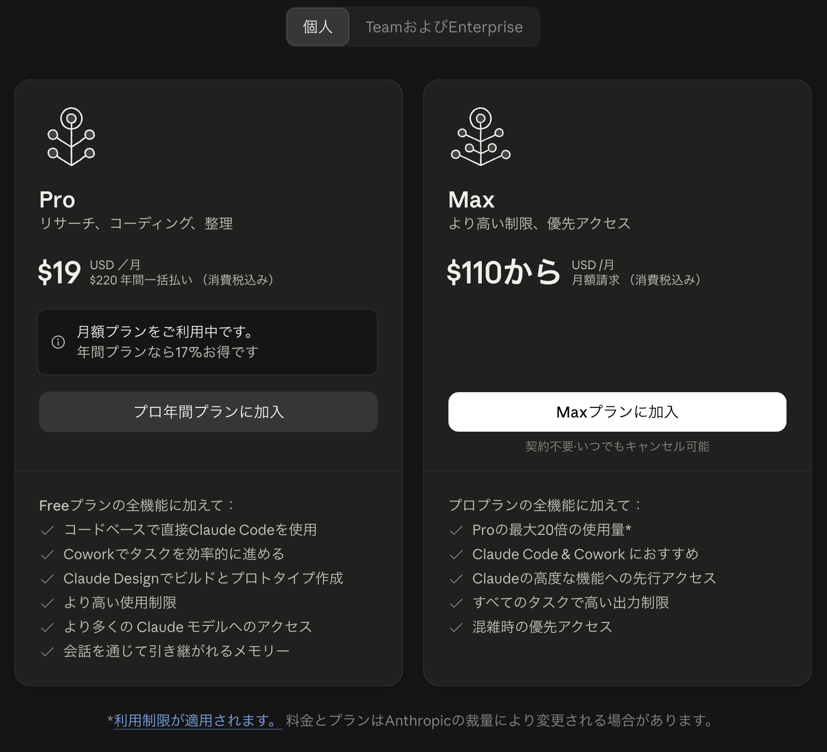 Claudeのプラン変更画面。Proは年間一括払い$220、Maxは$110からと、消費税込みで表示されている